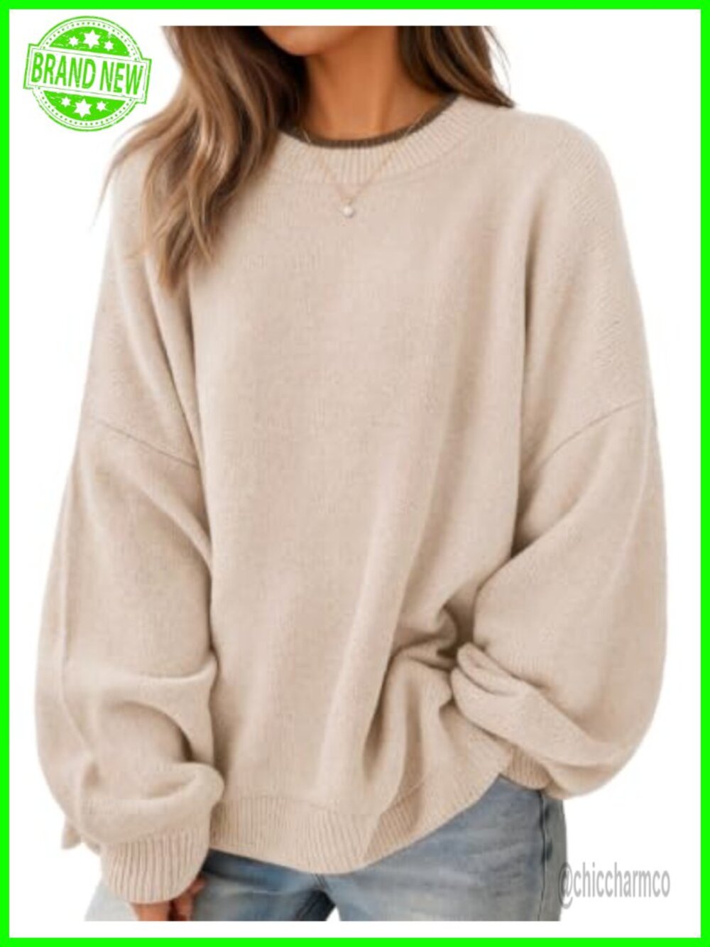 Oversized Batwing Sleeve Pullover Sweater Contrast Trim Crew Neck